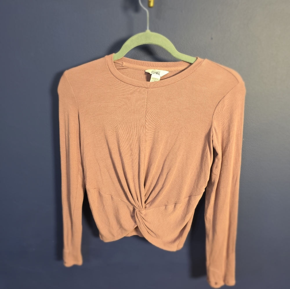 Athleta Girl Give It A Twist Top L 12 rosel Long Sleeve Thumb Holes Crew Neck